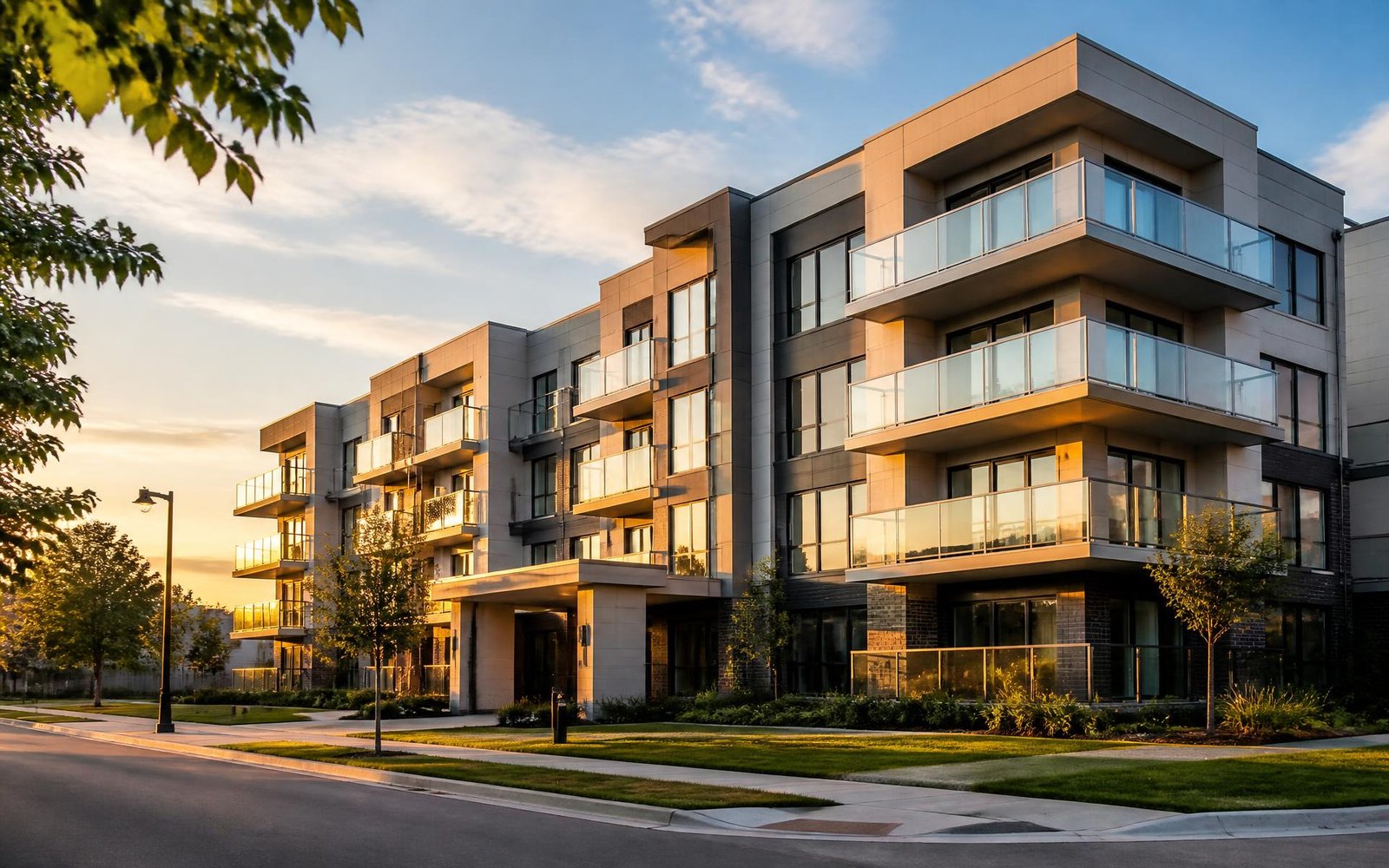 Modern low-rise rental building at golden hour